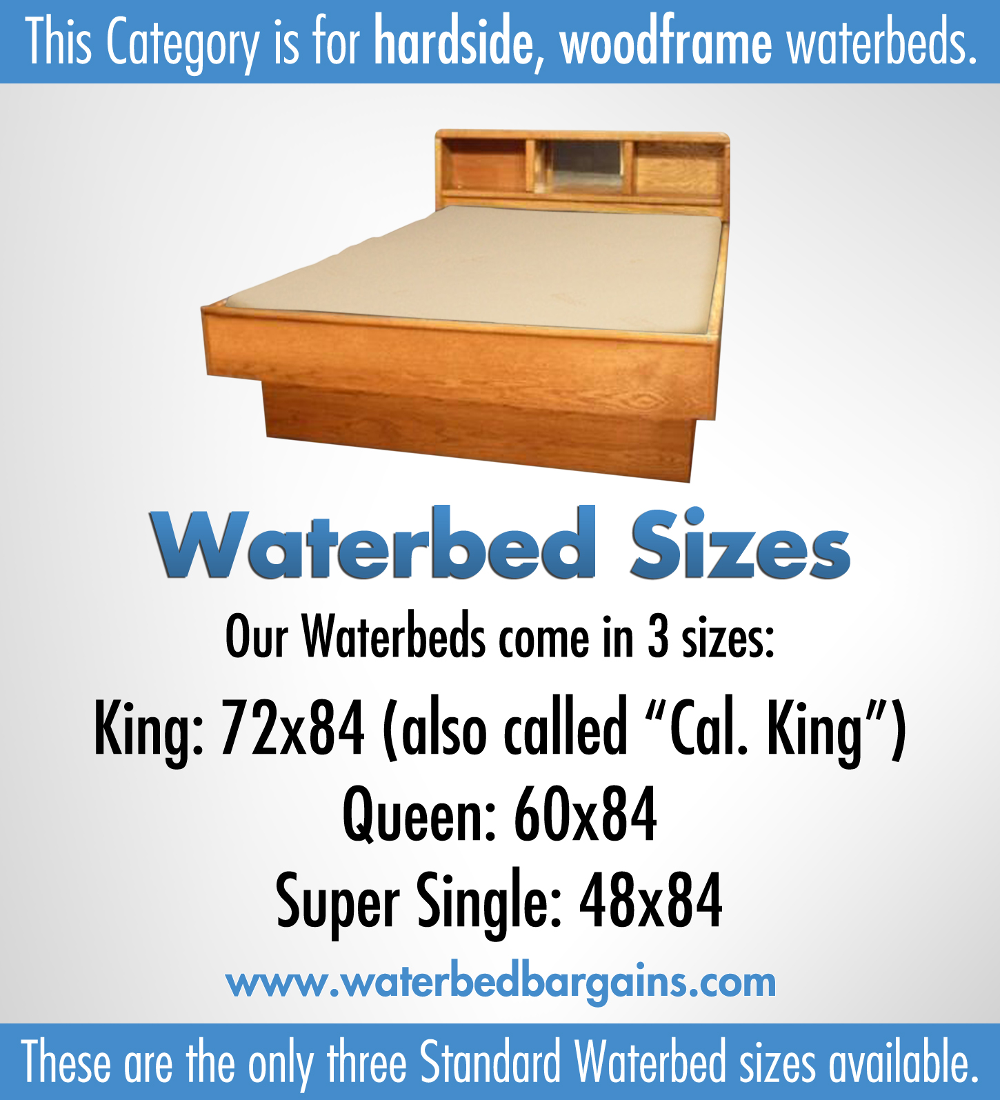 Hardside Waterbeds and the common only sizes.