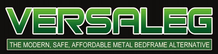 Versaleg bed support legs. Replace your bed frame. Logo and slogan.
