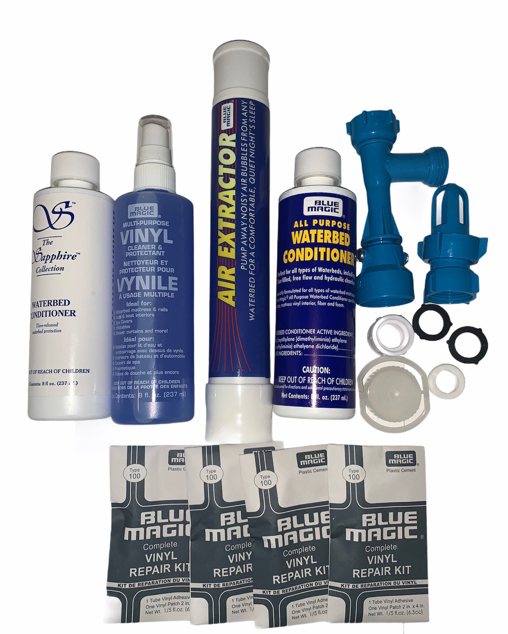 Waterbed Accessories Bundle includes Waterbed Conditioner, Fill and Drain Kit, Air Extractor, Vinyl Cleaner, Patch Kits , Cap and Plug kit